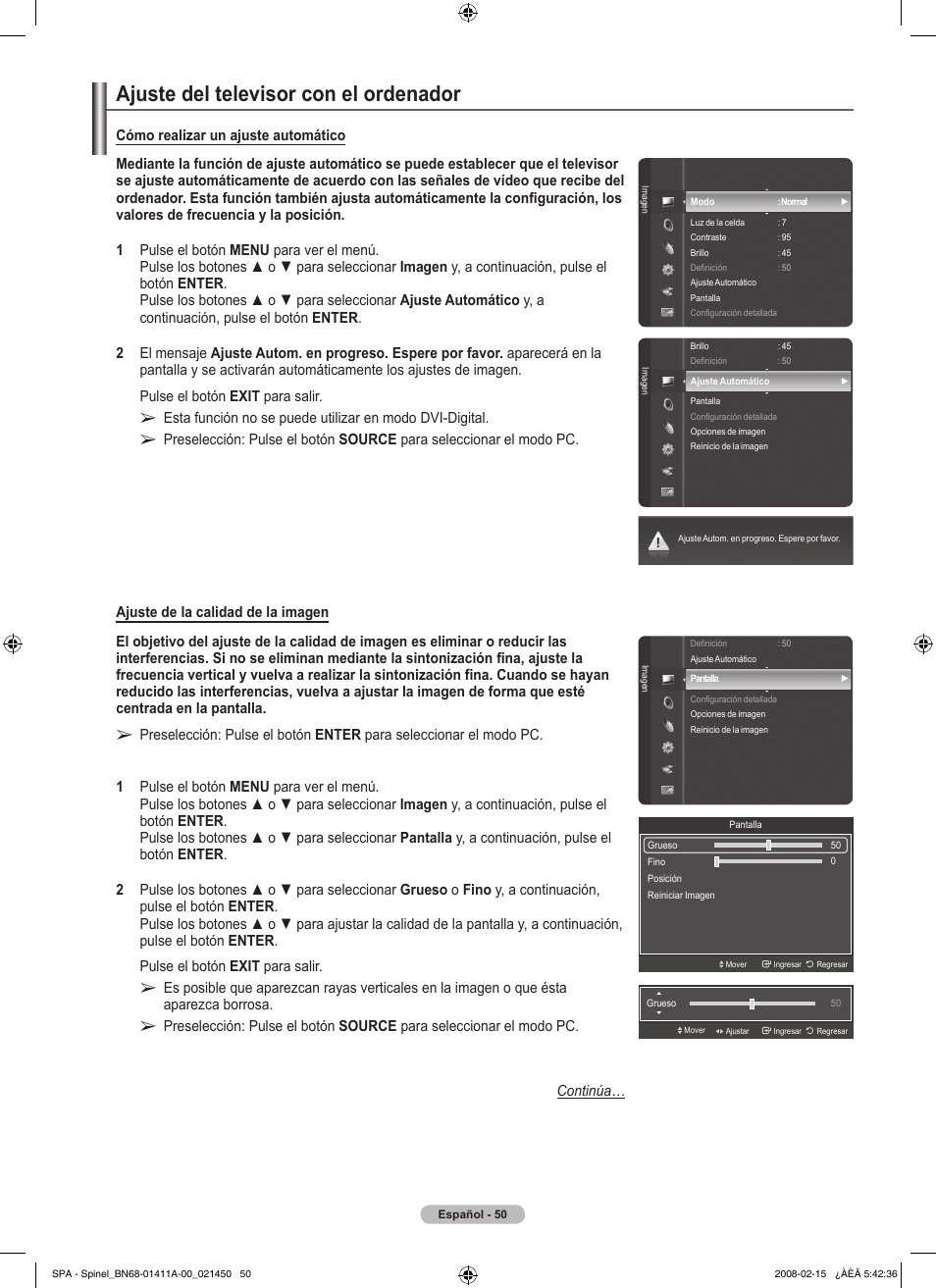 Ajuste del televisor con el ordenador | Samsung PN50A550S1FXZA User Manual | Page 156 / 205