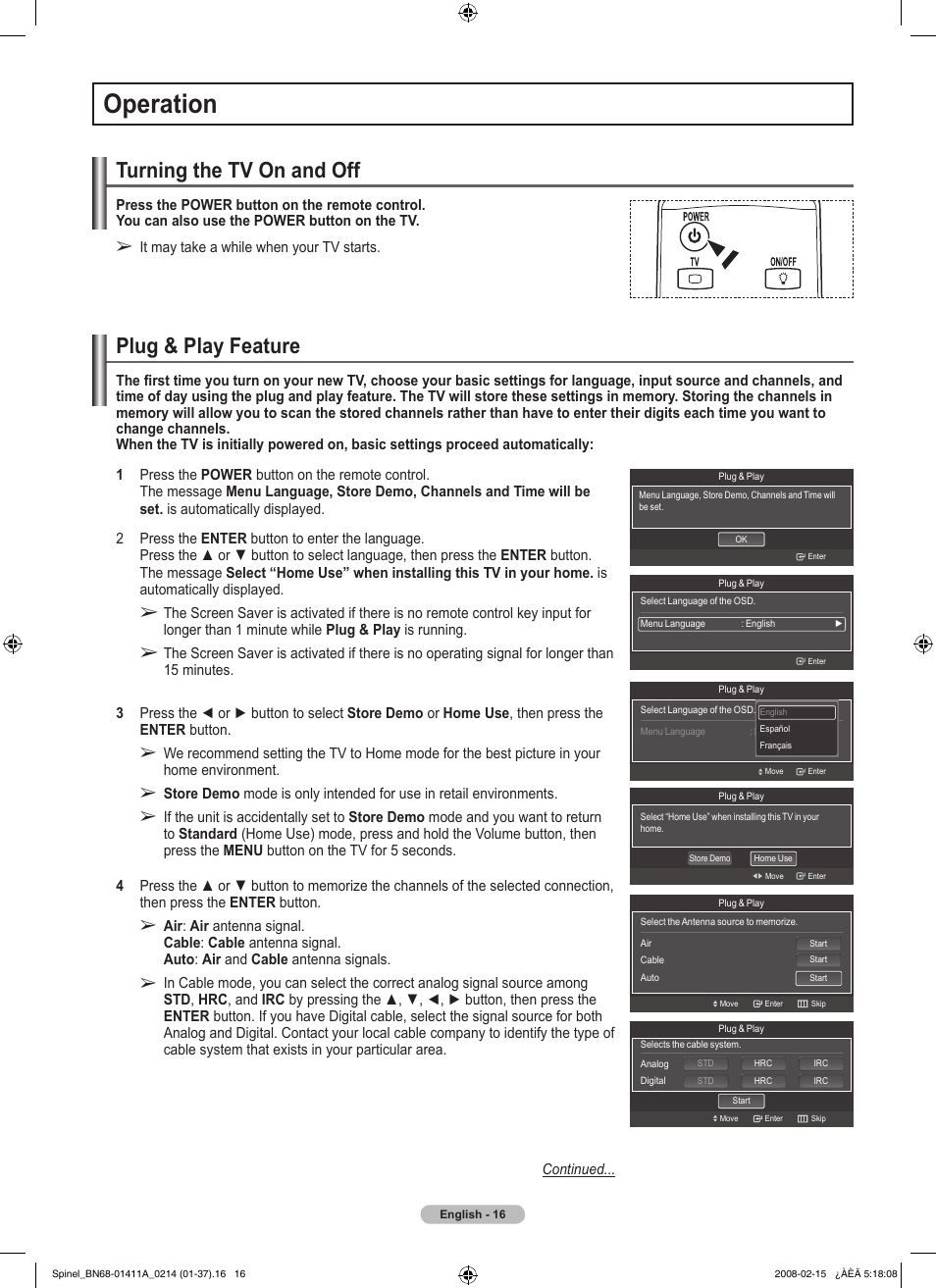 Operation, Turning the tv on and off, Plug & play feature | Samsung PN50A550S1FXZA User Manual | Page 16 / 205