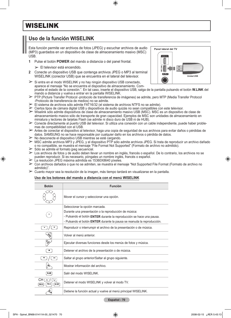 Wiselink, Uso de la función wiselink | Samsung PN50A550S1FXZA User Manual | Page 176 / 205