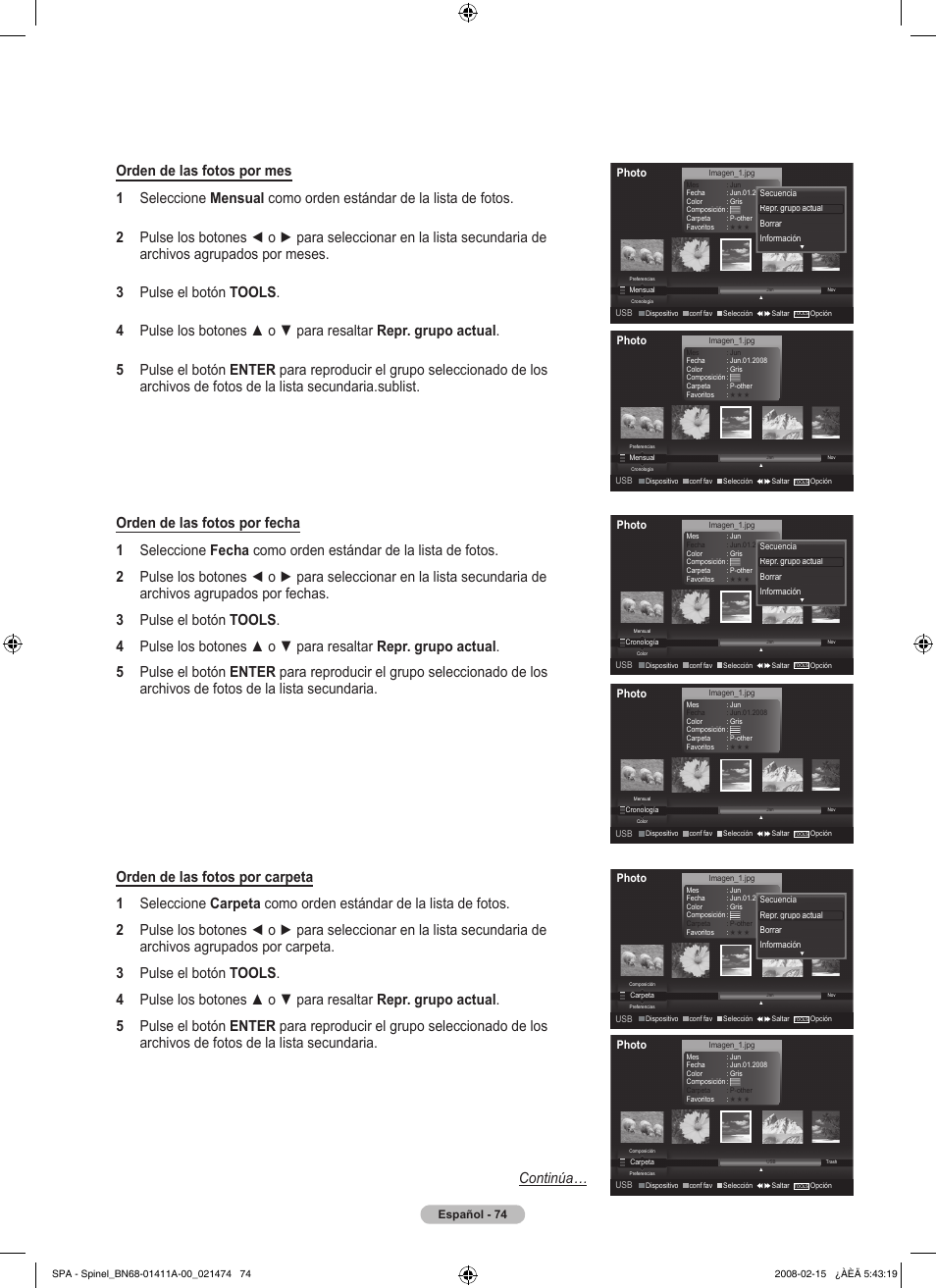 Español - 74, Photo | Samsung PN50A550S1FXZA User Manual | Page 180 / 205
