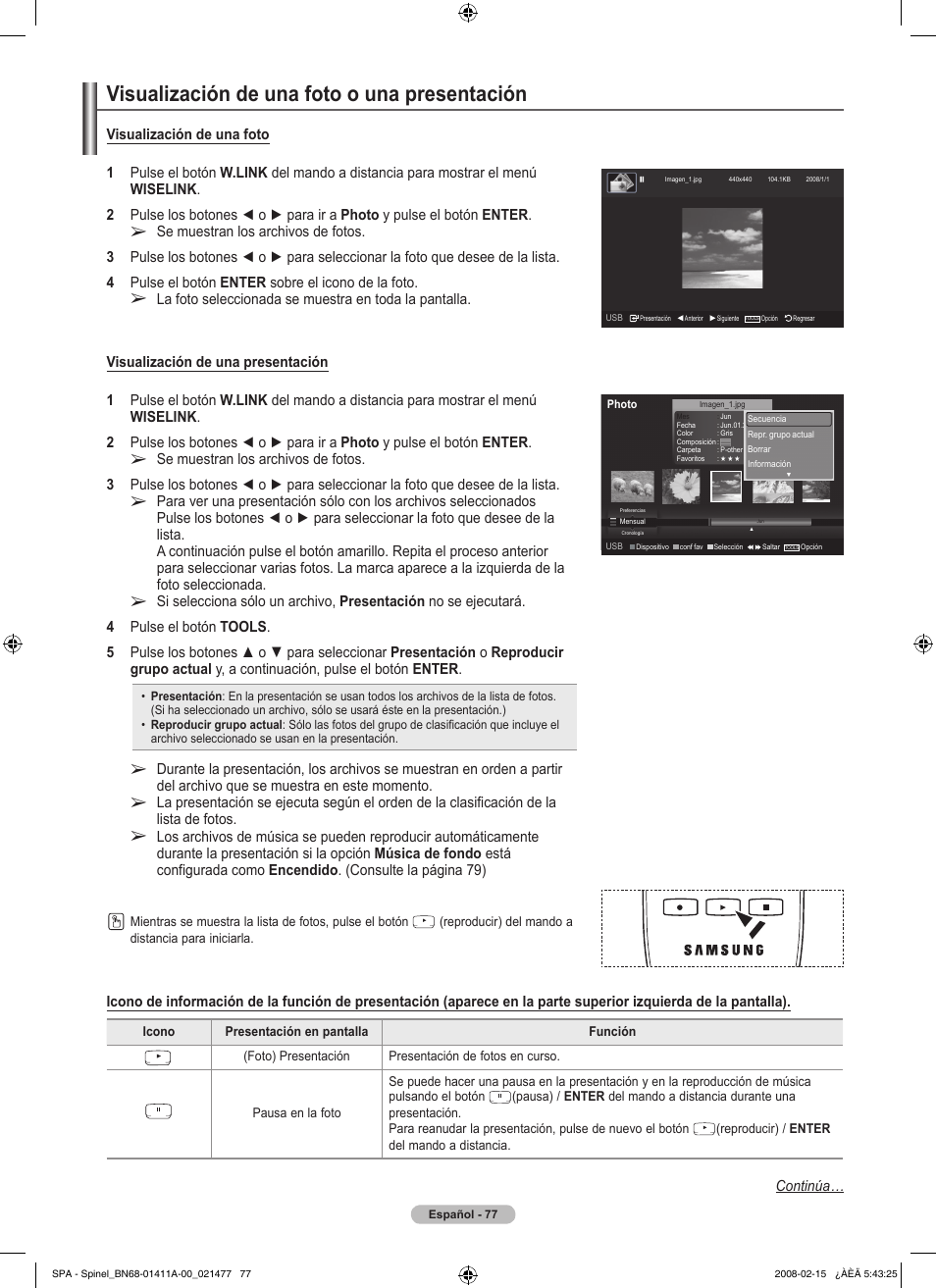 Visualización de una foto o una presentación, Continúa | Samsung PN50A550S1FXZA User Manual | Page 183 / 205