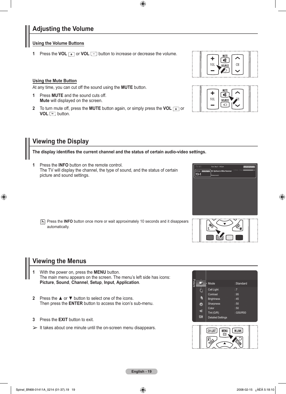 Adjusting the volume, Viewing the display, Viewing the menus | Samsung PN50A550S1FXZA User Manual | Page 19 / 205