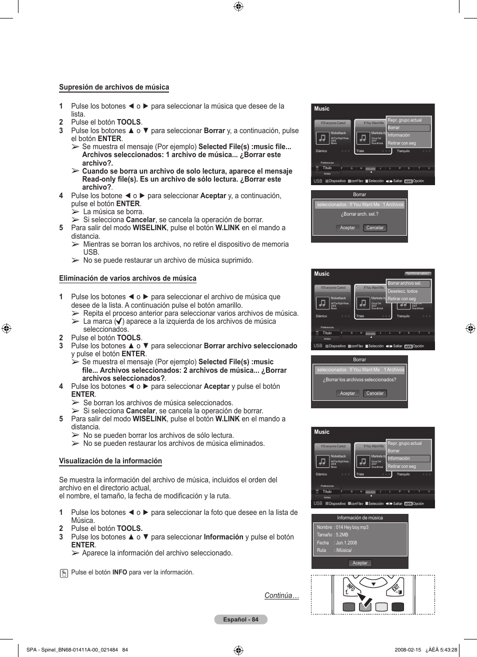 La música se borra, Se borran los archivos de música seleccionados, No se pueden borrar los archivos de sólo lectura | Aparece la información del archivo seleccionado, Continúa, Pulse el botón info para ver la información | Samsung PN50A550S1FXZA User Manual | Page 190 / 205