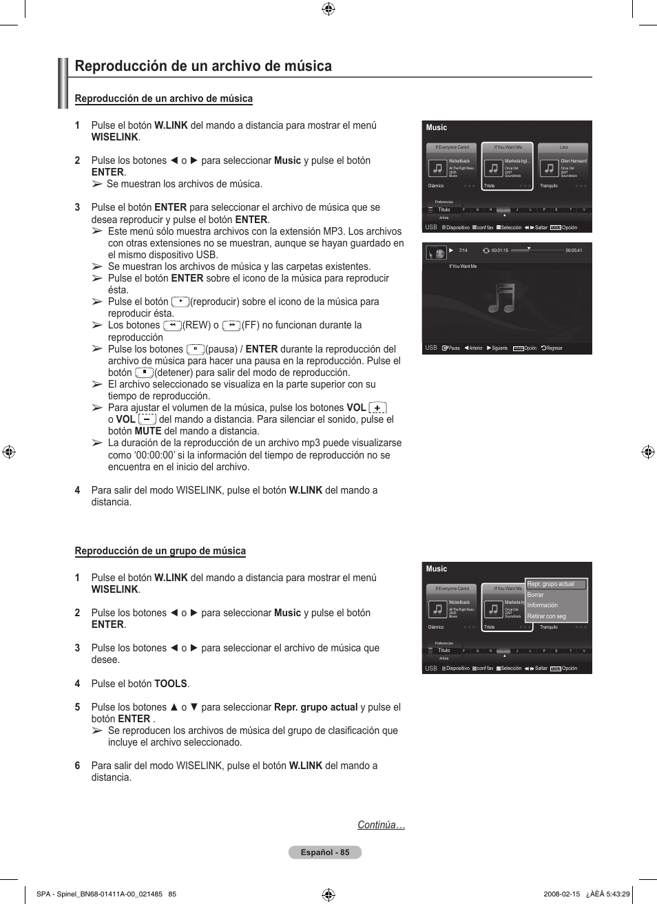 Reproducción de un archivo de música | Samsung PN50A550S1FXZA User Manual | Page 191 / 205