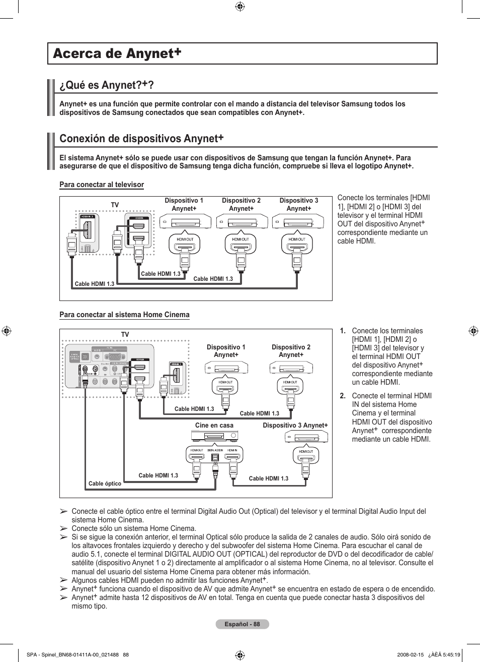 Acerca de anynet, Conexión de dispositivos anynet, Qué es anynet | Samsung PN50A550S1FXZA User Manual | Page 194 / 205
