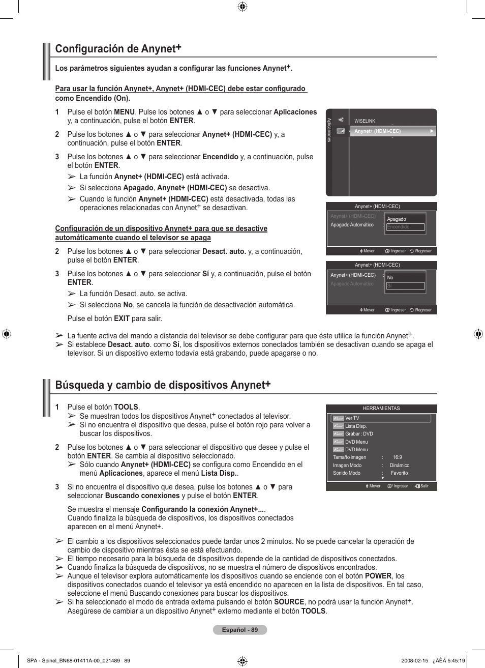 Configuración de anynet, Búsqueda y cambio de dispositivos anynet | Samsung PN50A550S1FXZA User Manual | Page 195 / 205