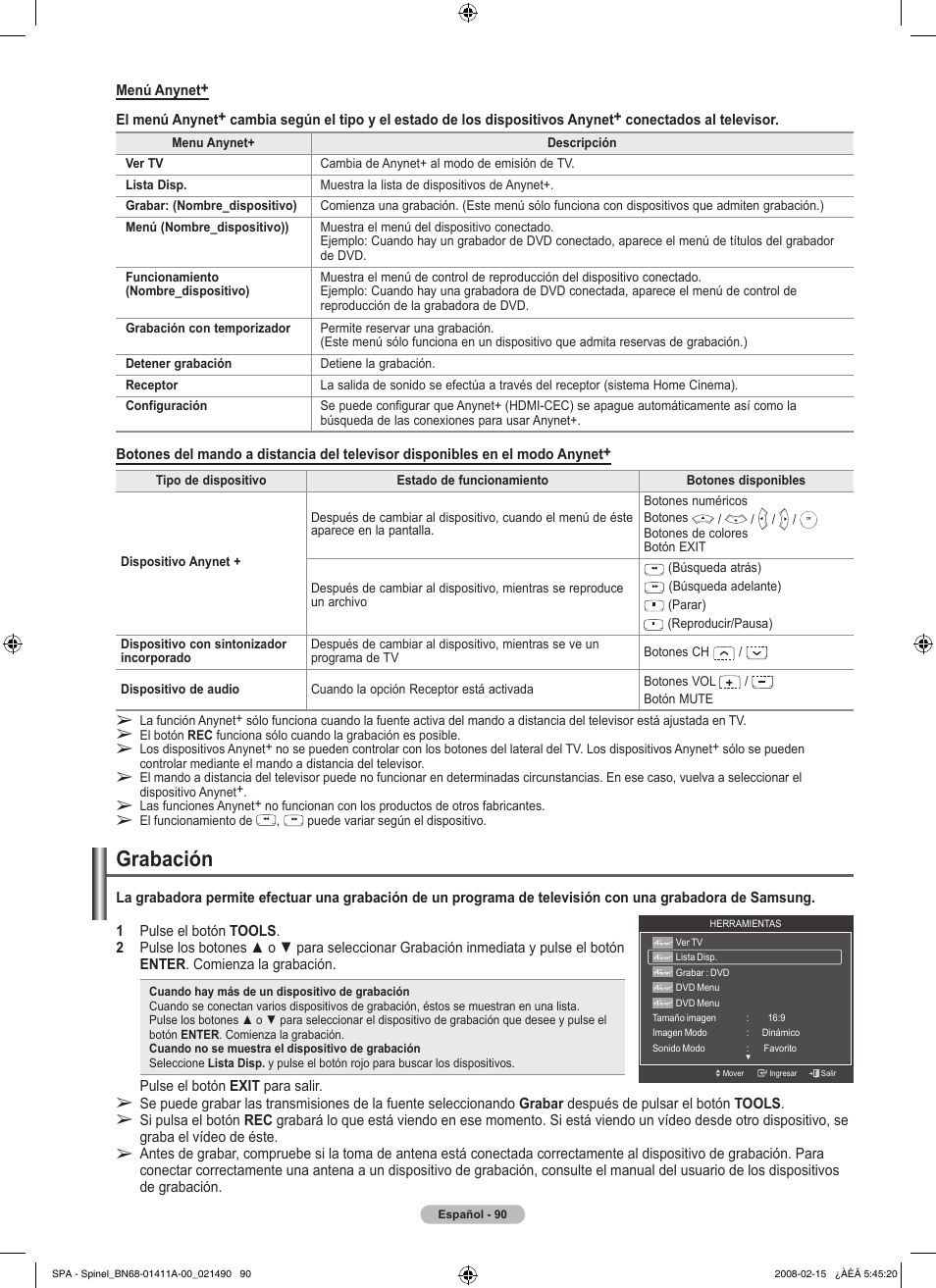 Grabación | Samsung PN50A550S1FXZA User Manual | Page 196 / 205