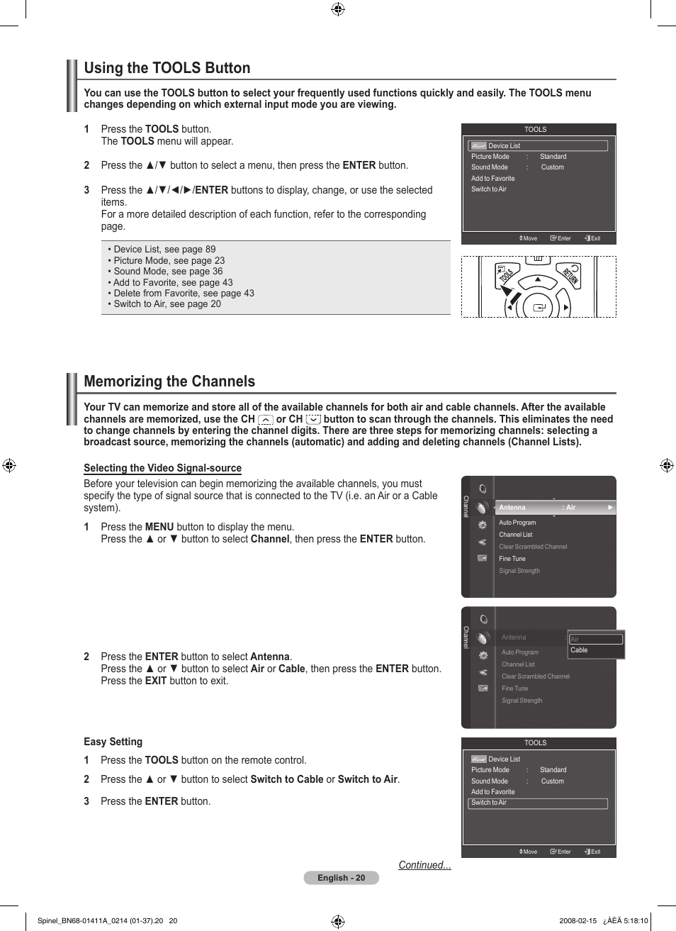 Using the tools button, Memorizing the channels | Samsung PN50A550S1FXZA User Manual | Page 20 / 205