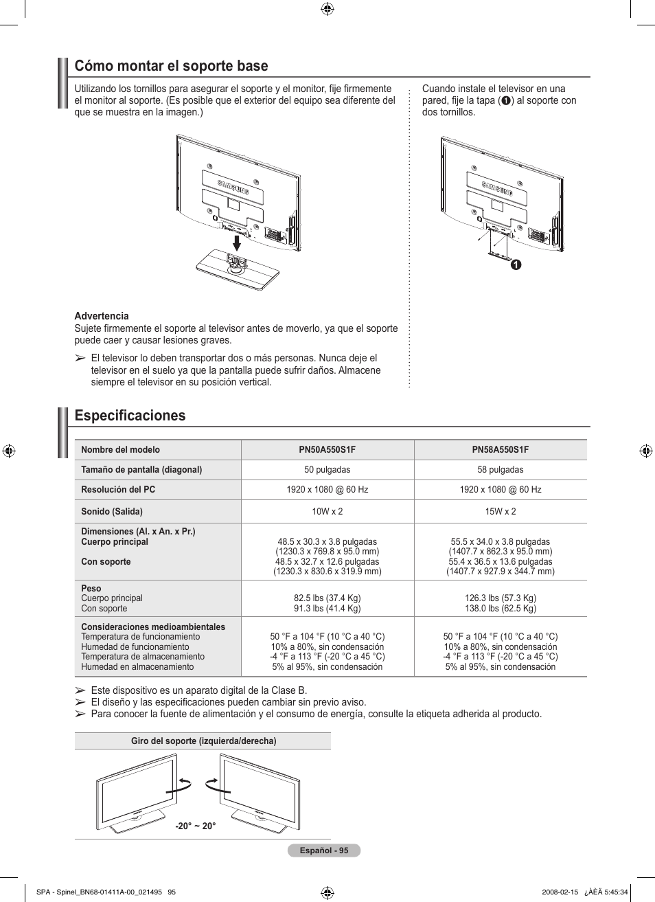 Cómo montar el soporte base, Especificaciones | Samsung PN50A550S1FXZA User Manual | Page 201 / 205