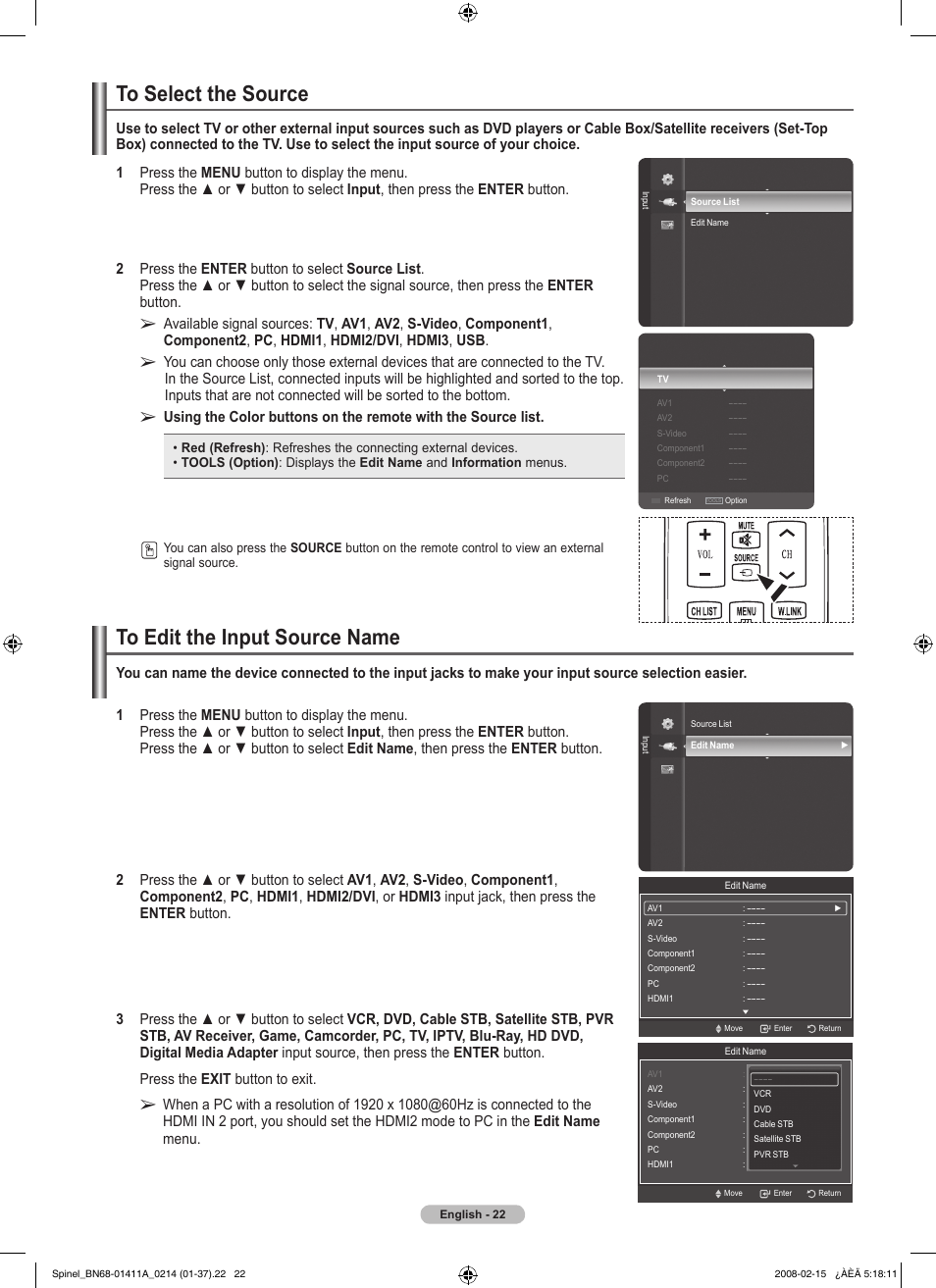 To select the source, To edit the input source name | Samsung PN50A550S1FXZA User Manual | Page 22 / 205