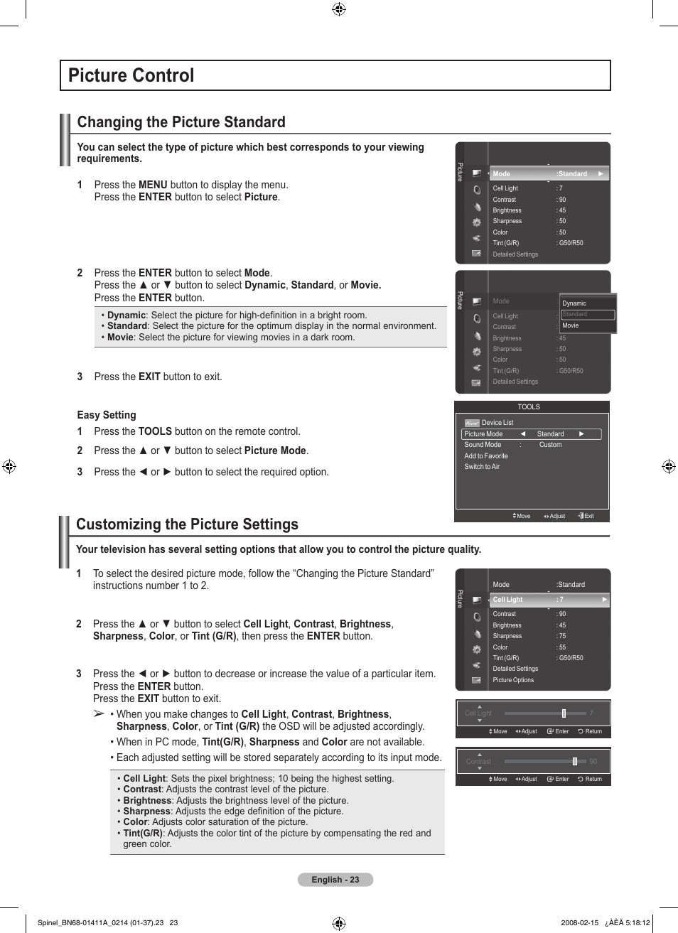 Picture control, Changing the picture standard, Customizing the picture settings | Press the enter button, Press the exit button to exit | Samsung PN50A550S1FXZA User Manual | Page 23 / 205