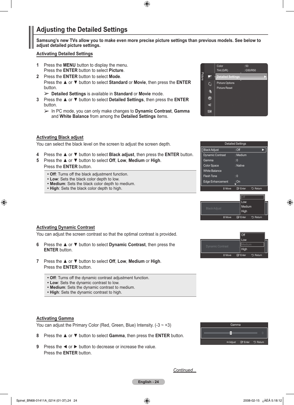 Adjusting the detailed settings | Samsung PN50A550S1FXZA User Manual | Page 24 / 205