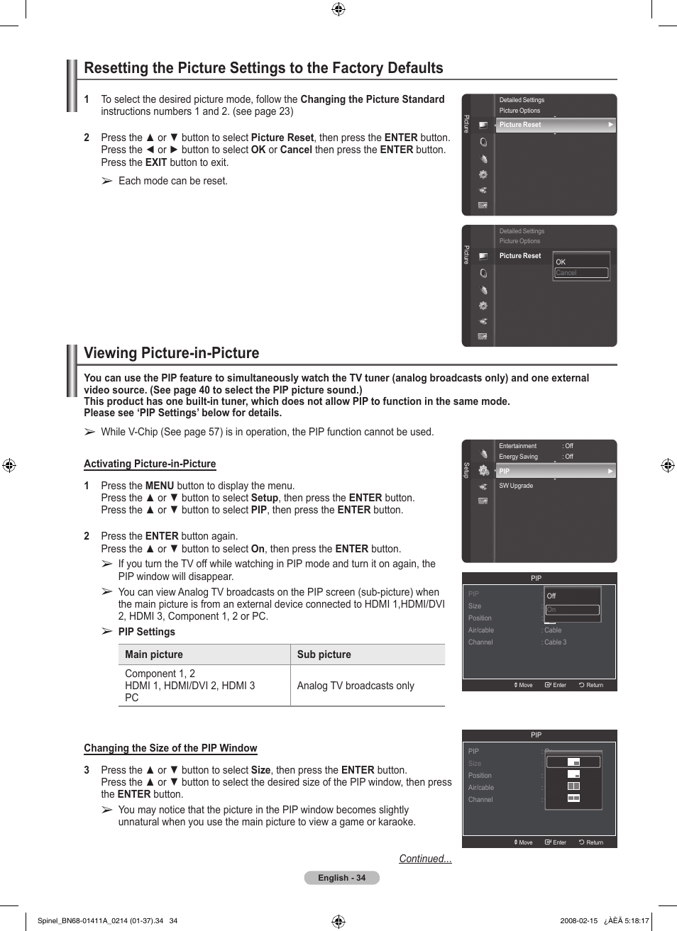 Viewing picture-in-picture | Samsung PN50A550S1FXZA User Manual | Page 34 / 205