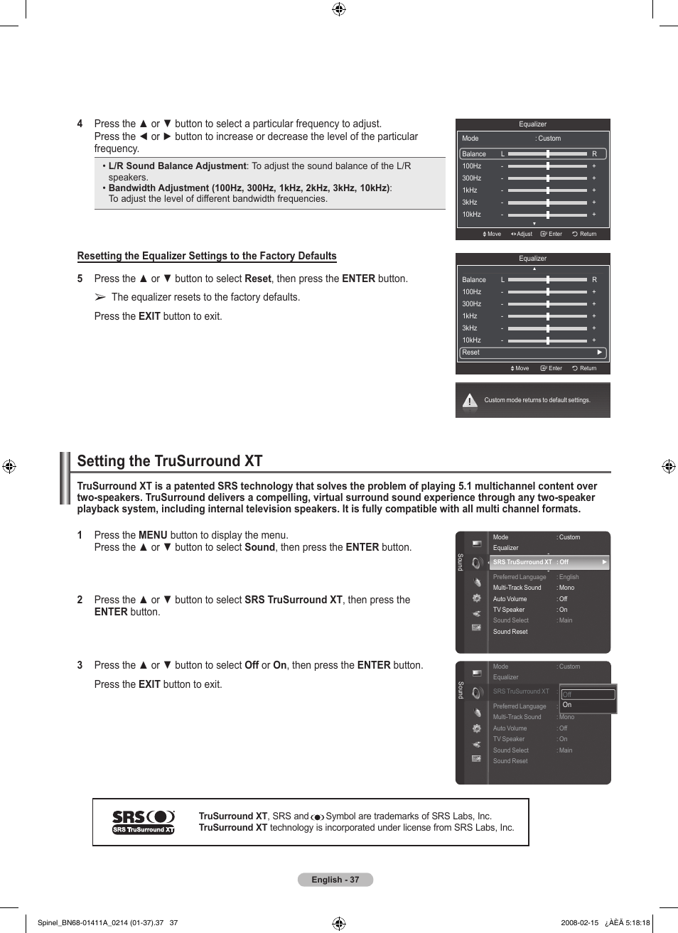 Setting the trusurround xt | Samsung PN50A550S1FXZA User Manual | Page 37 / 205