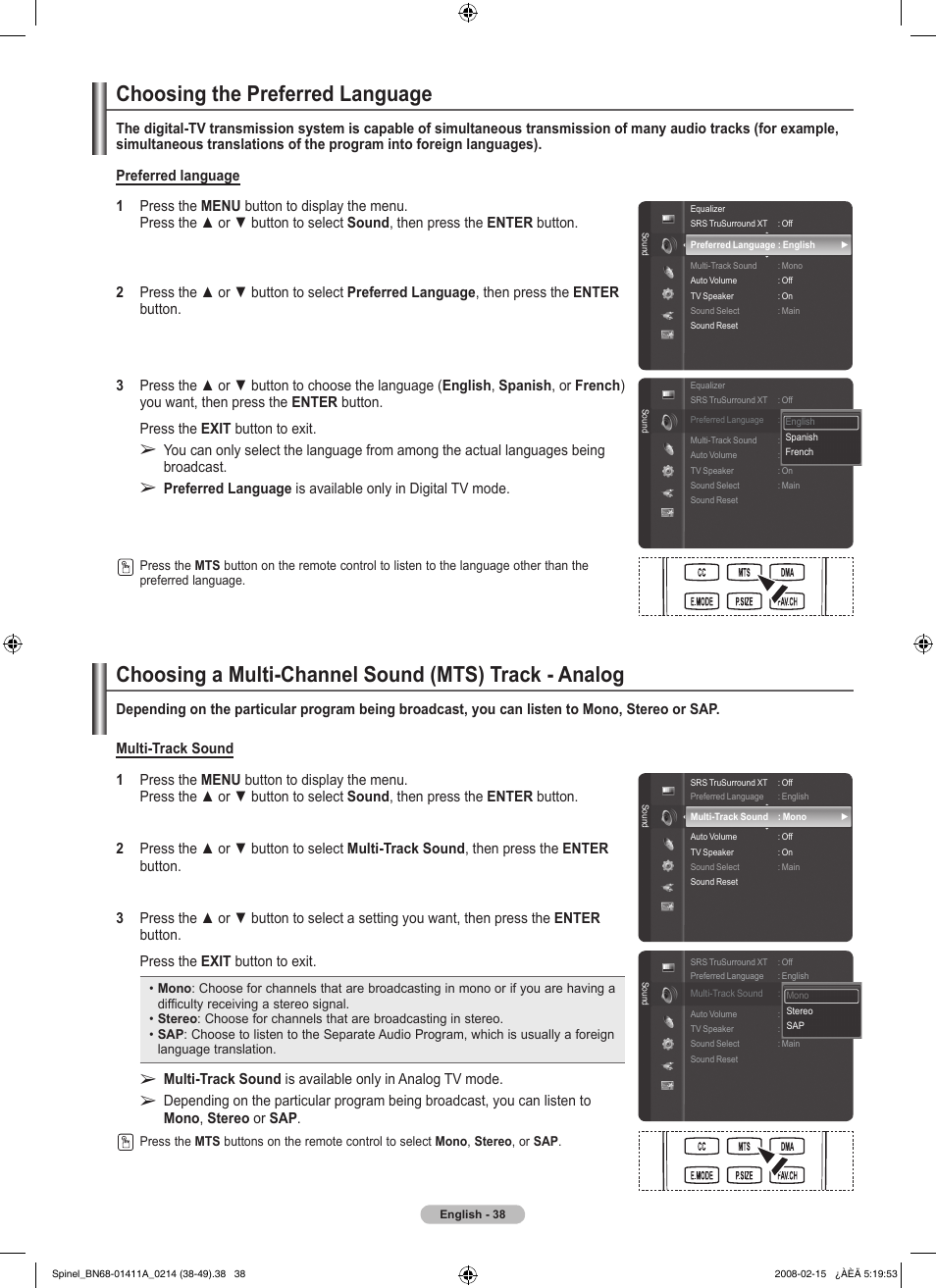 Choosing the preferred language | Samsung PN50A550S1FXZA User Manual | Page 38 / 205