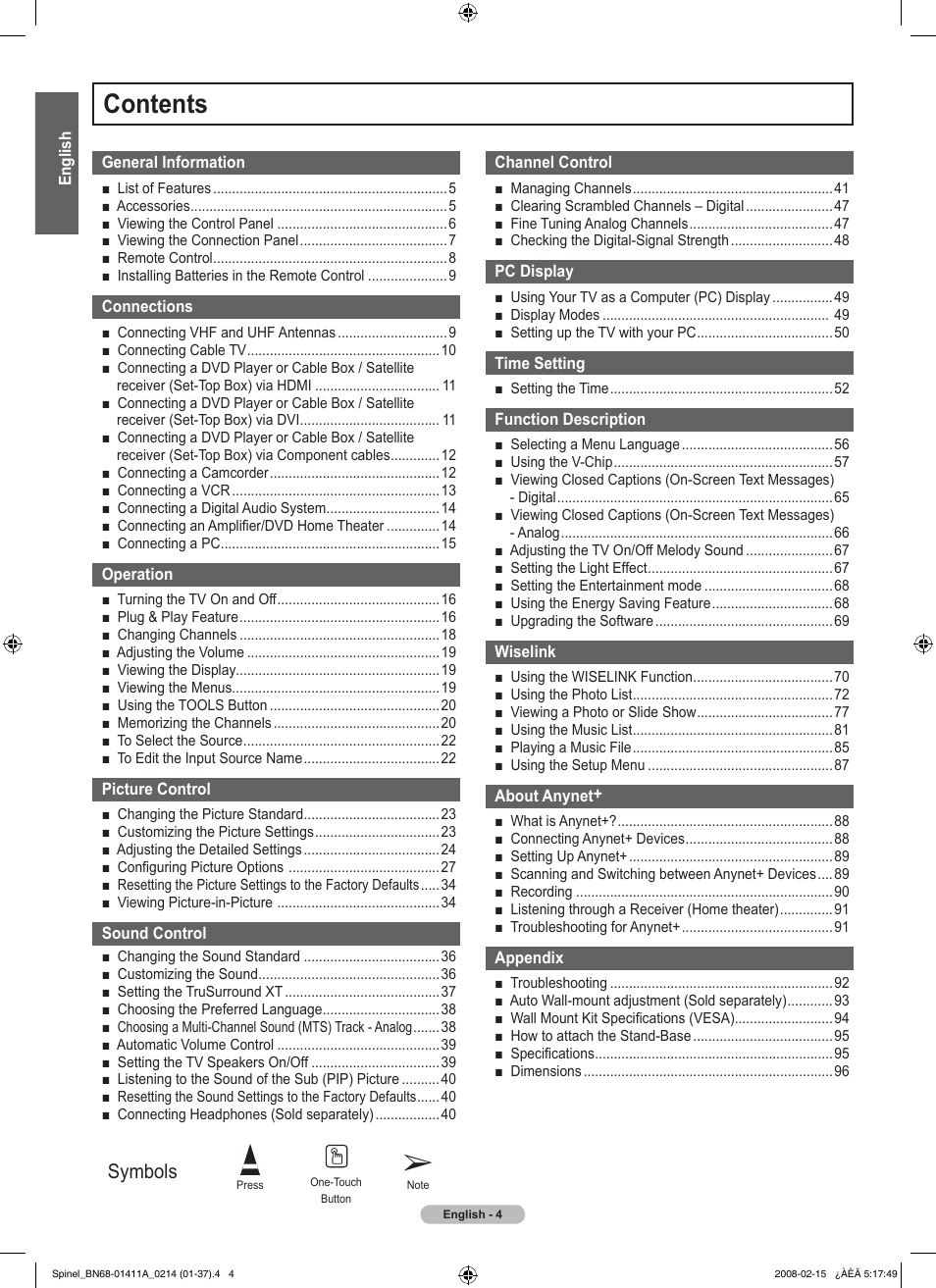 Samsung PN50A550S1FXZA User Manual | Page 4 / 205