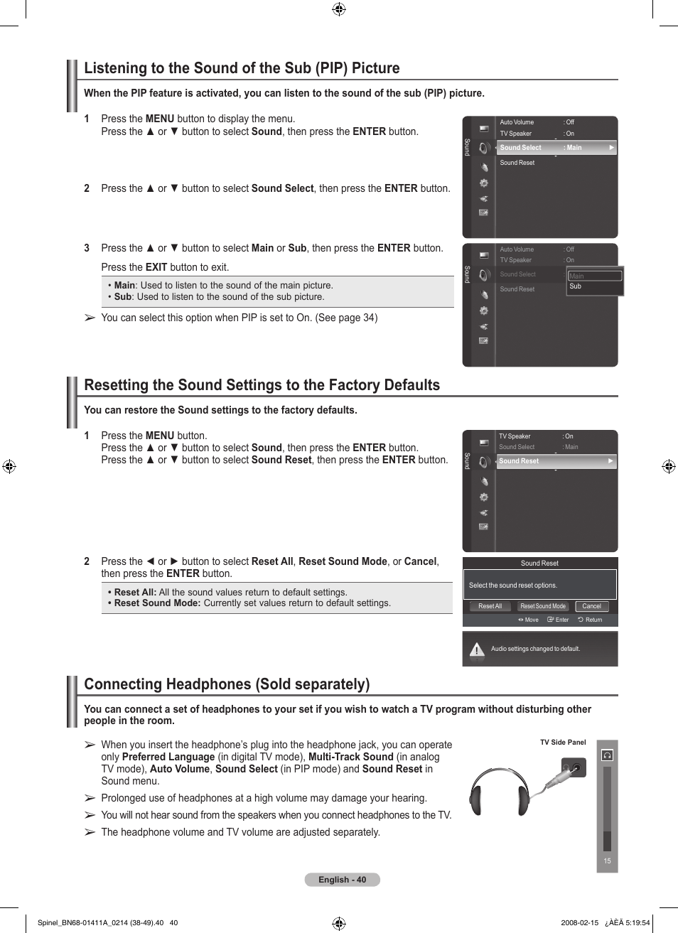 Listening to the sound of the sub (pip) picture, Connecting headphones (sold separately) | Samsung PN50A550S1FXZA User Manual | Page 40 / 205
