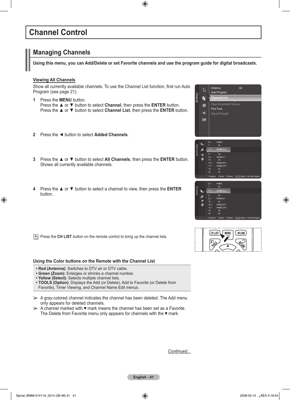 Channel control, Managing channels | Samsung PN50A550S1FXZA User Manual | Page 41 / 205
