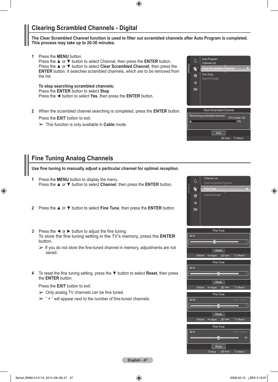Clearing scrambled channels - digital, Fine tuning analog channels | Samsung PN50A550S1FXZA User Manual | Page 47 / 205