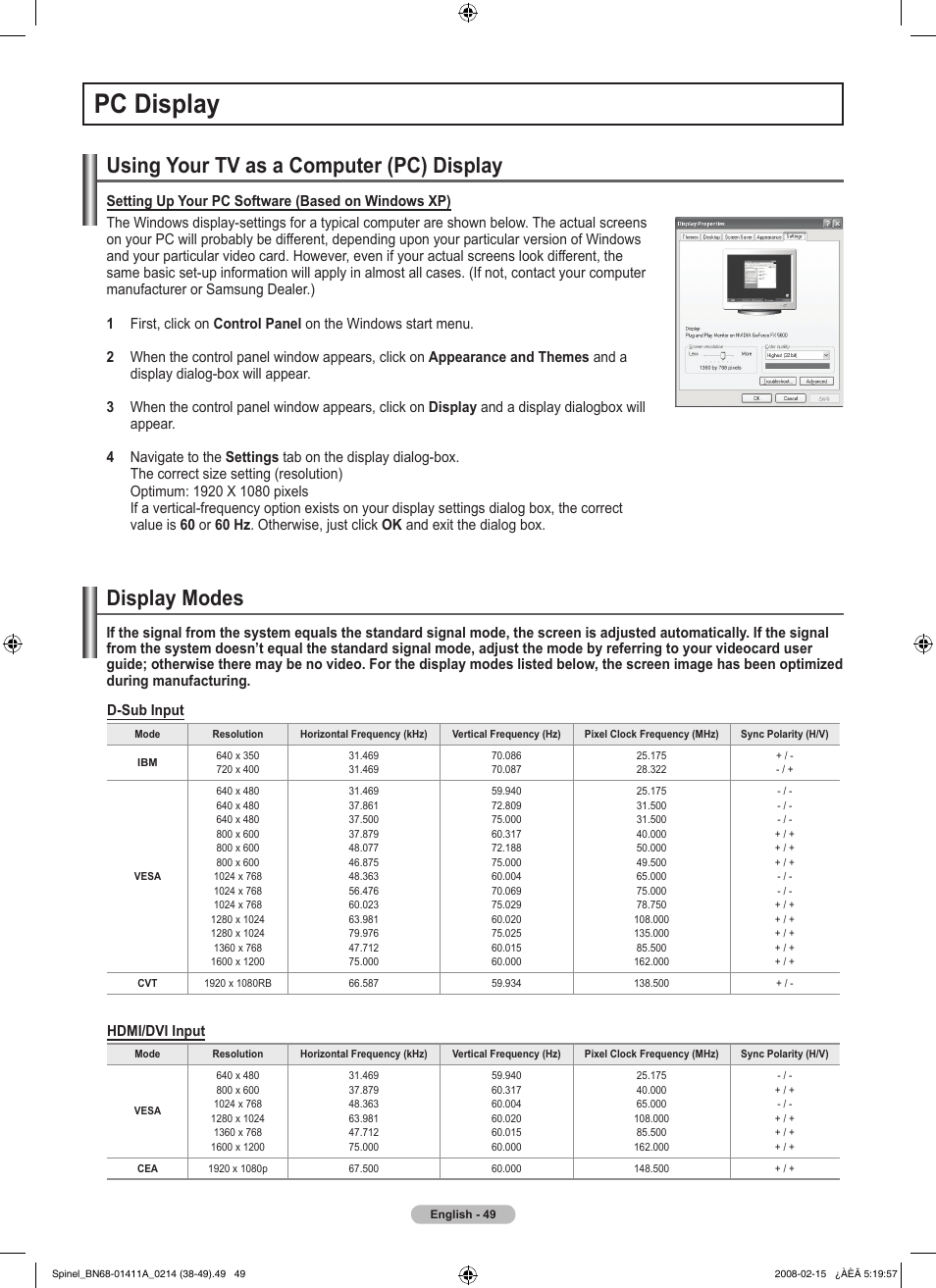 Pc display, Using your tv as a computer (pc) display, Display modes | Samsung PN50A550S1FXZA User Manual | Page 49 / 205