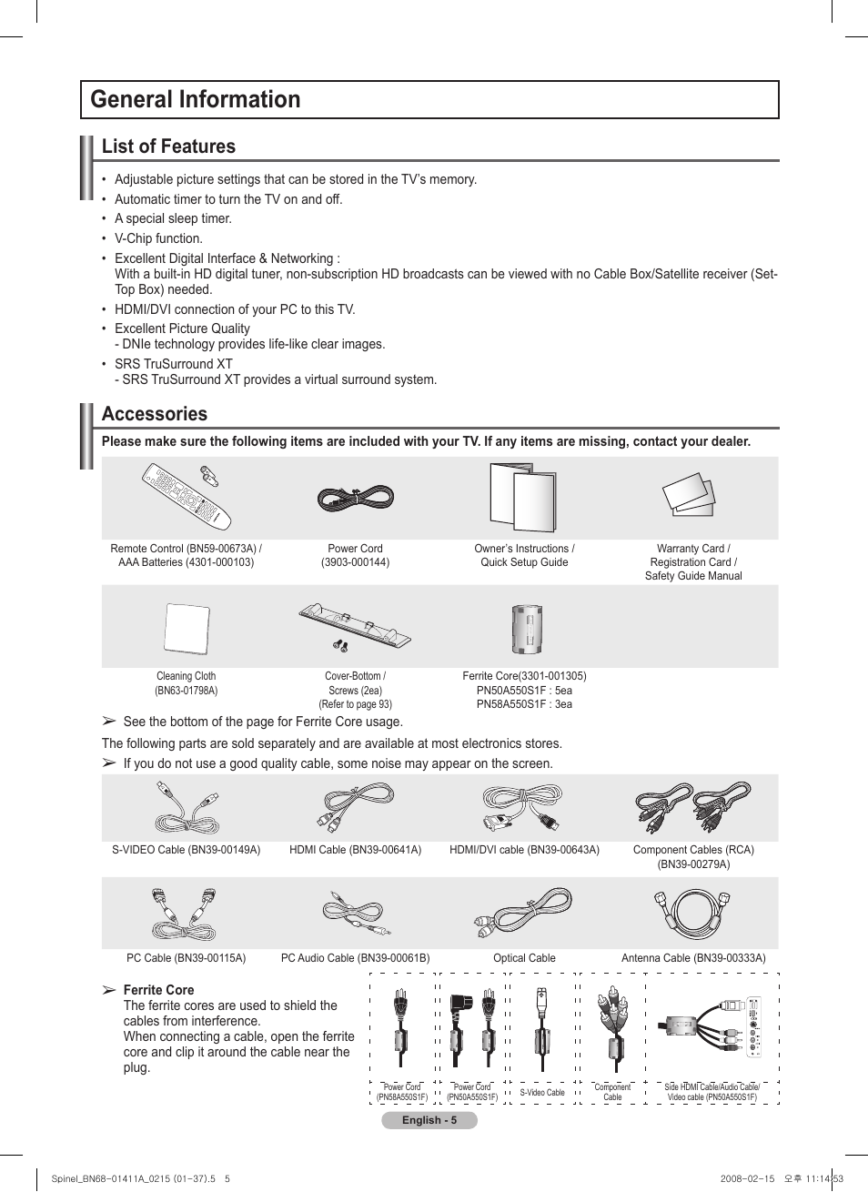 General information, List of features, Accessories | Samsung PN50A550S1FXZA User Manual | Page 5 / 205