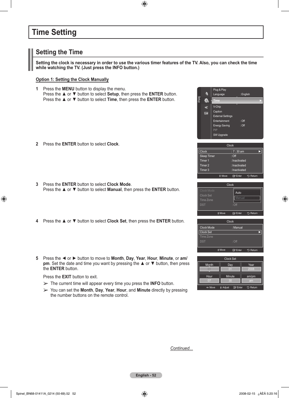 Time setting, Setting the time | Samsung PN50A550S1FXZA User Manual | Page 52 / 205