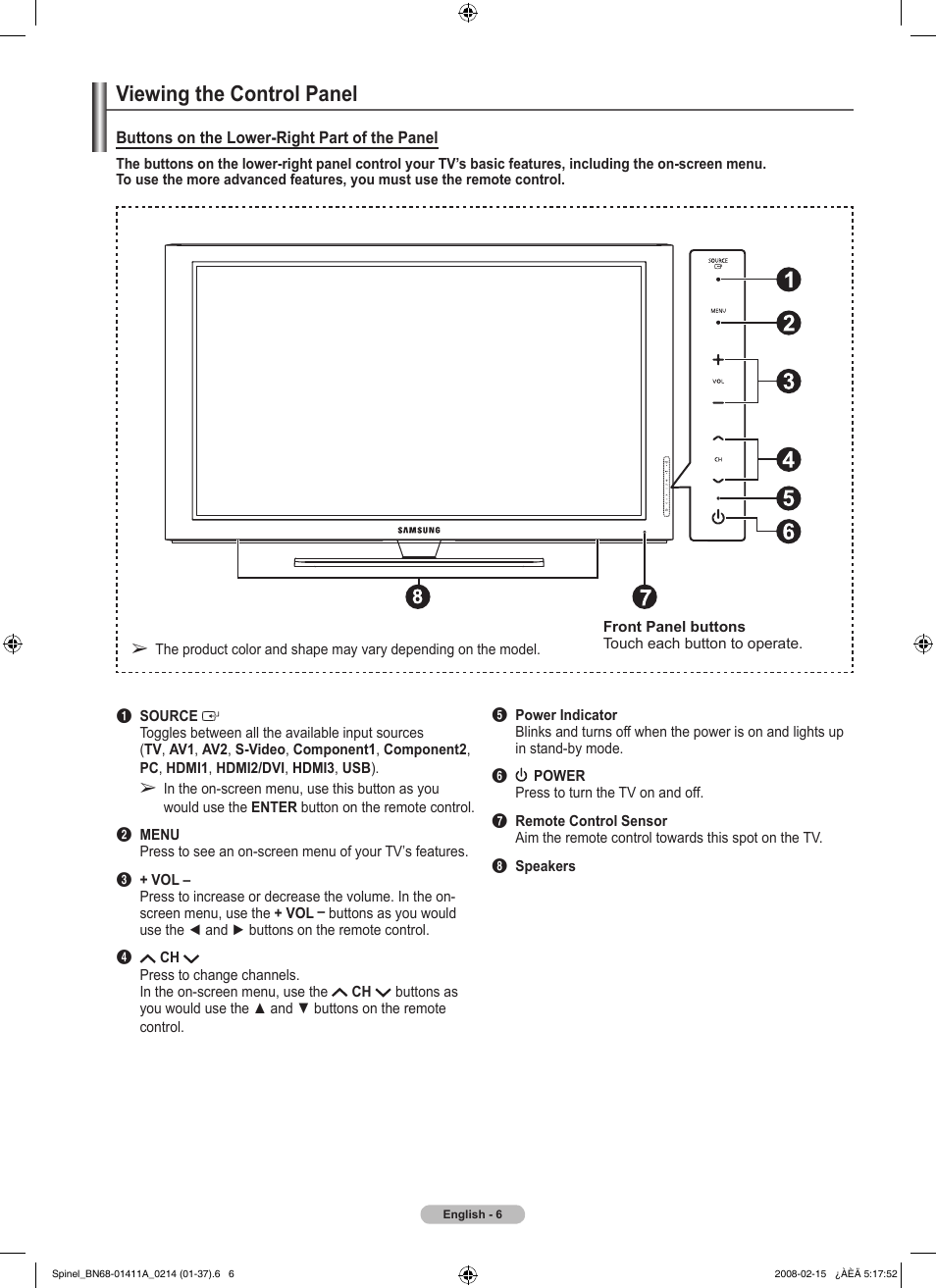 Viewing the control panel | Samsung PN50A550S1FXZA User Manual | Page 6 / 205