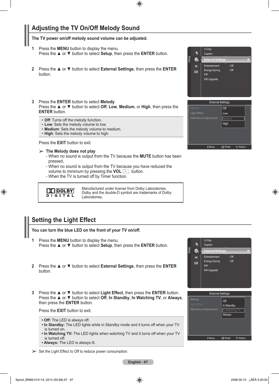 Adjusting the tv on/off melody sound, Setting the light effect | Samsung PN50A550S1FXZA User Manual | Page 67 / 205