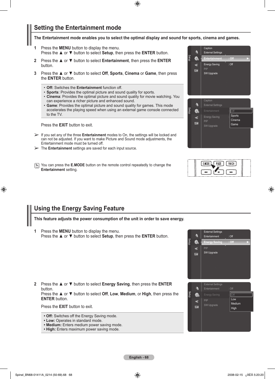 Setting the entertainment mode, Using the energy saving feature | Samsung PN50A550S1FXZA User Manual | Page 68 / 205