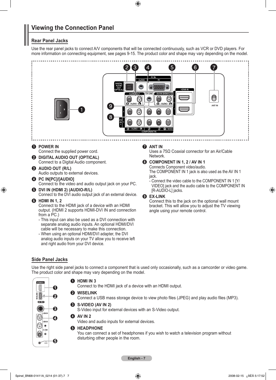 Viewing the connection panel | Samsung PN50A550S1FXZA User Manual | Page 7 / 205