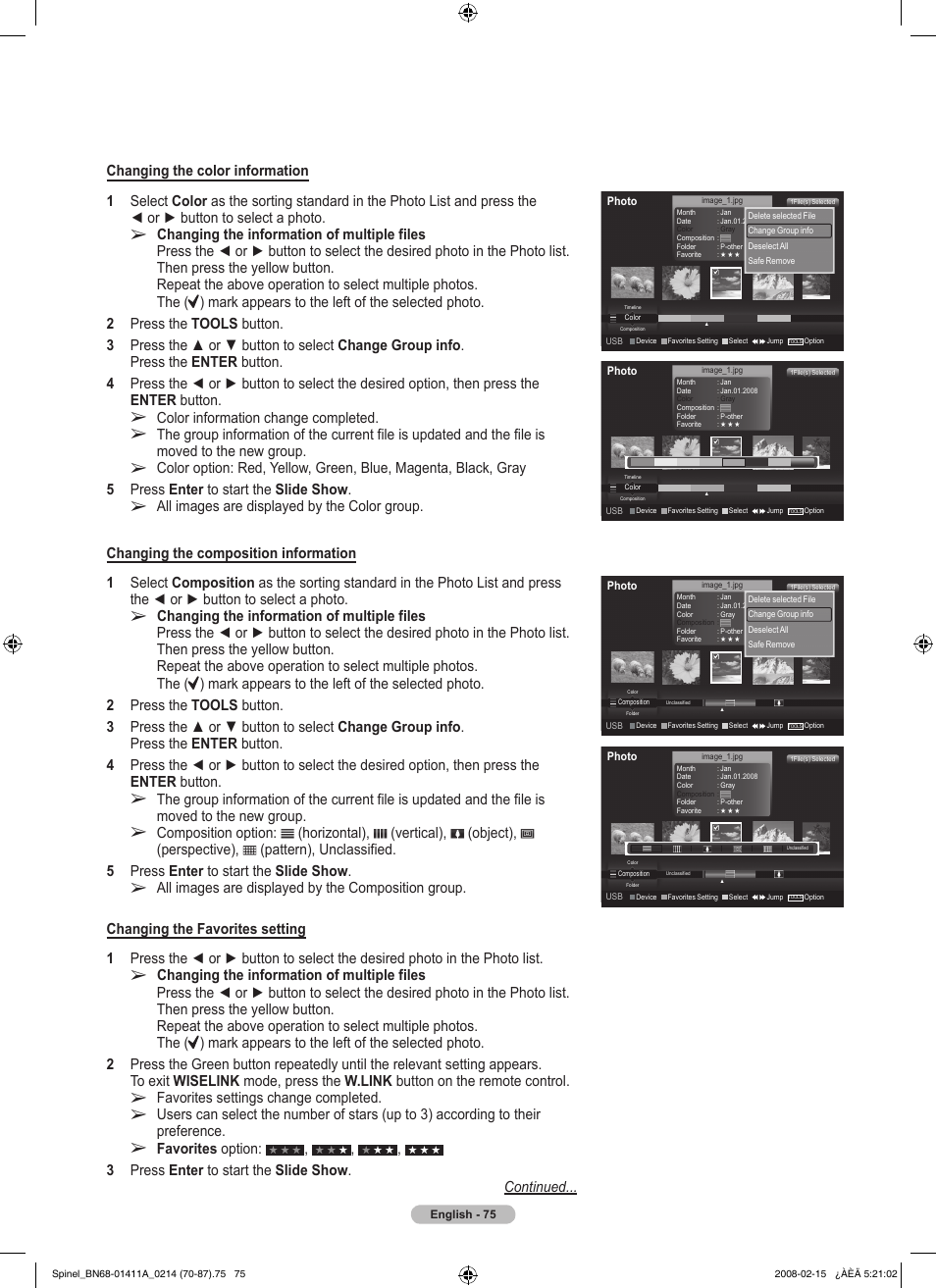 Favorites settings change completed, Favorites option, Color information change completed | All images are displayed by the color group | Samsung PN50A550S1FXZA User Manual | Page 75 / 205