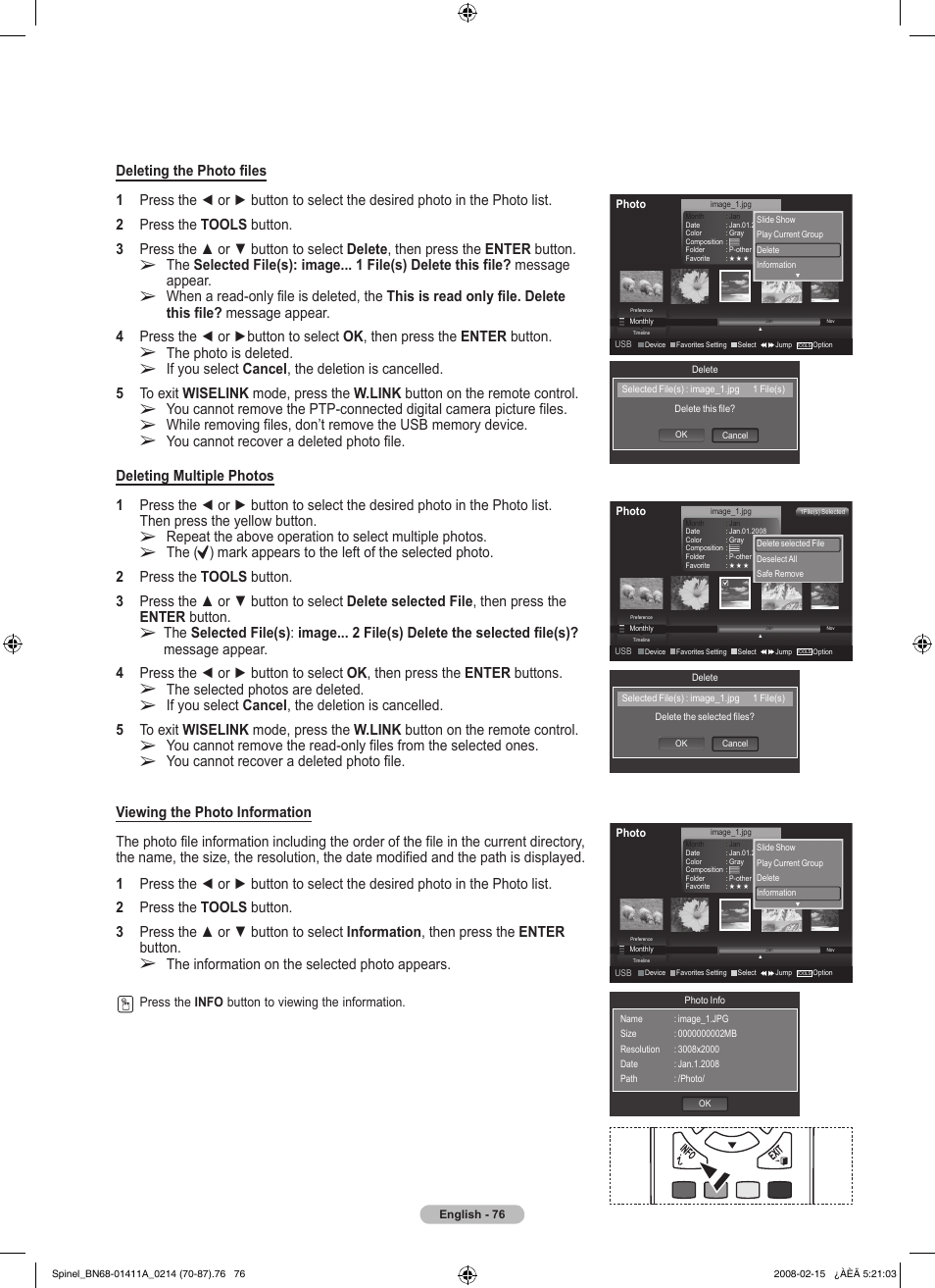 The selected photos are deleted, The information on the selected photo appears, The photo is deleted | You cannot recover a deleted photo file | Samsung PN50A550S1FXZA User Manual | Page 76 / 205