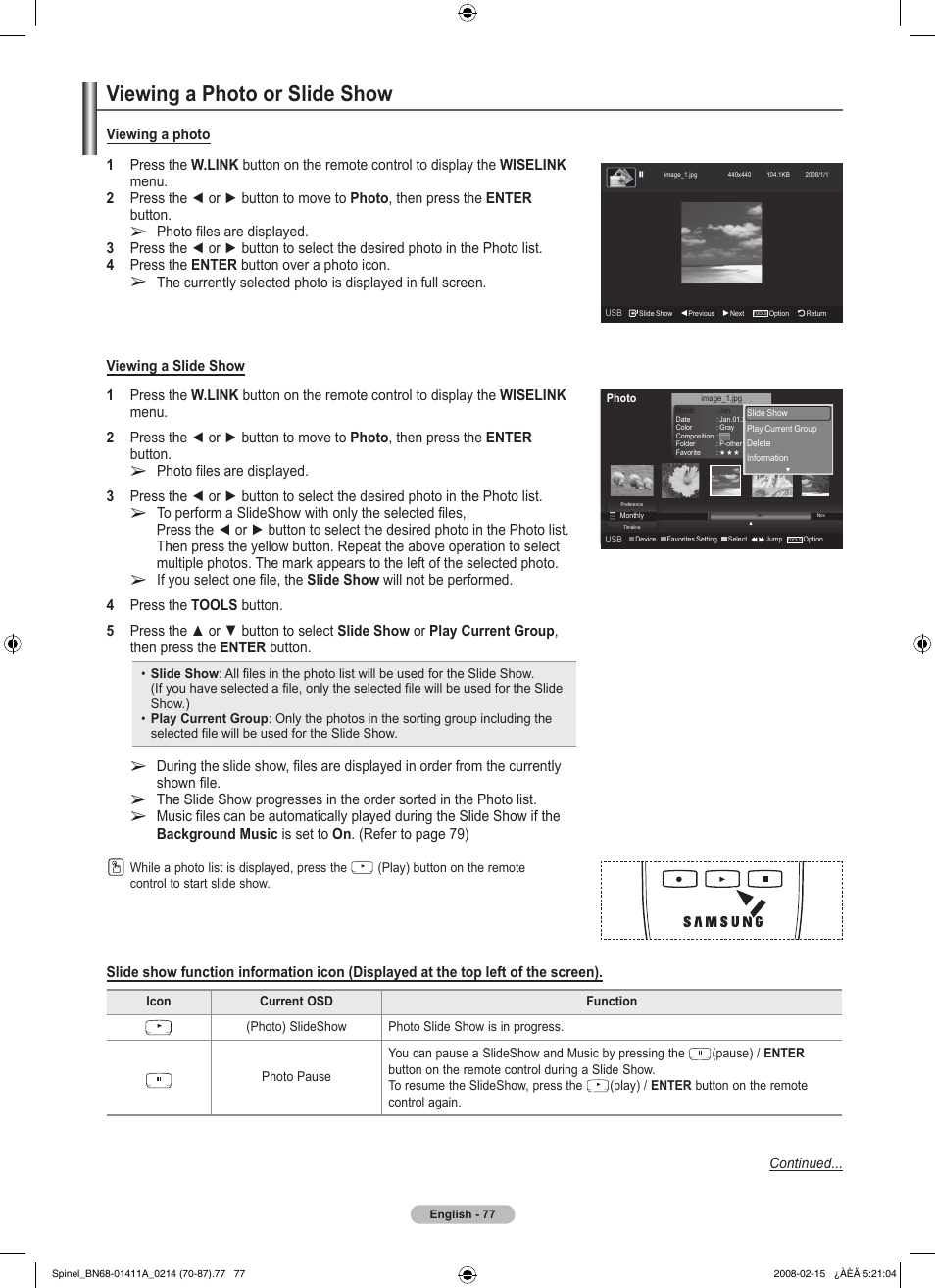 Viewing a photo or slide show, Continued | Samsung PN50A550S1FXZA User Manual | Page 77 / 205