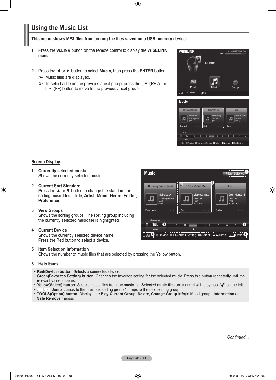 Using the music list, Music files are displayed, Continued | Music | Samsung PN50A550S1FXZA User Manual | Page 81 / 205