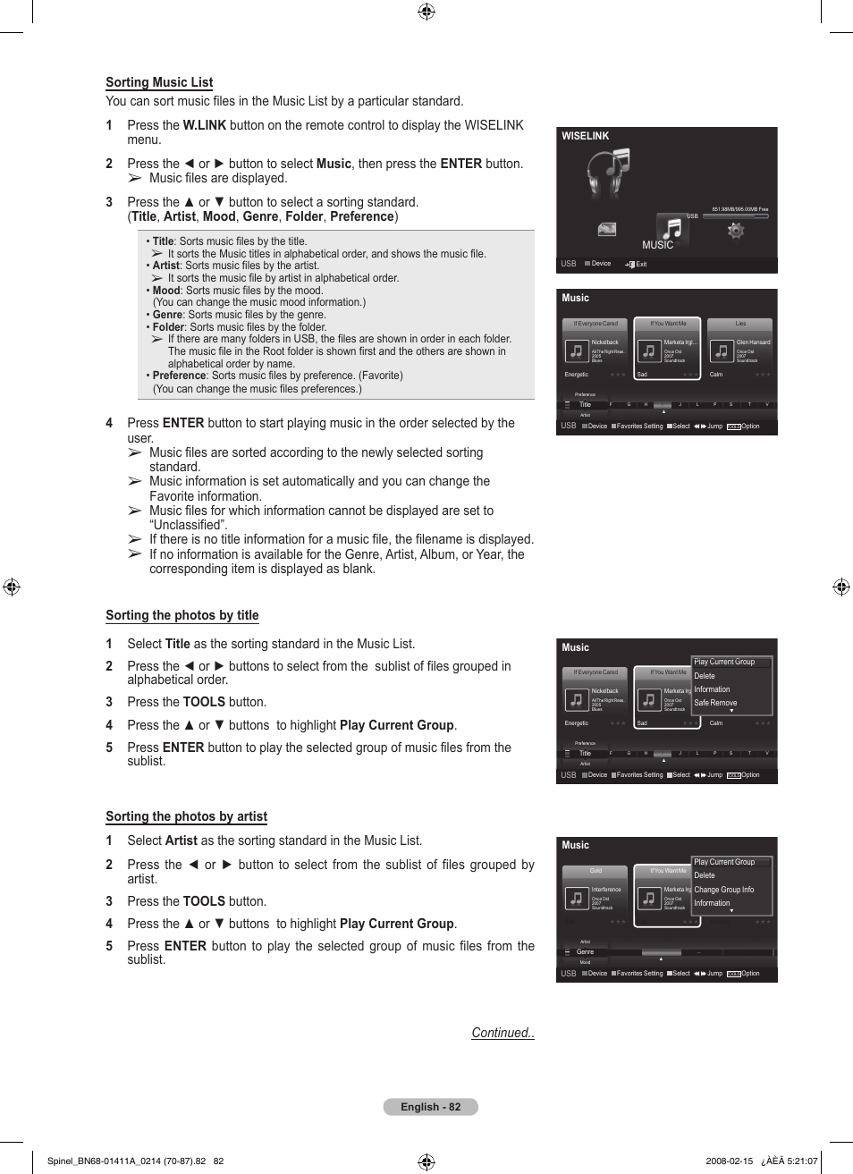 Title : sorts music files by the title | Samsung PN50A550S1FXZA User Manual | Page 82 / 205