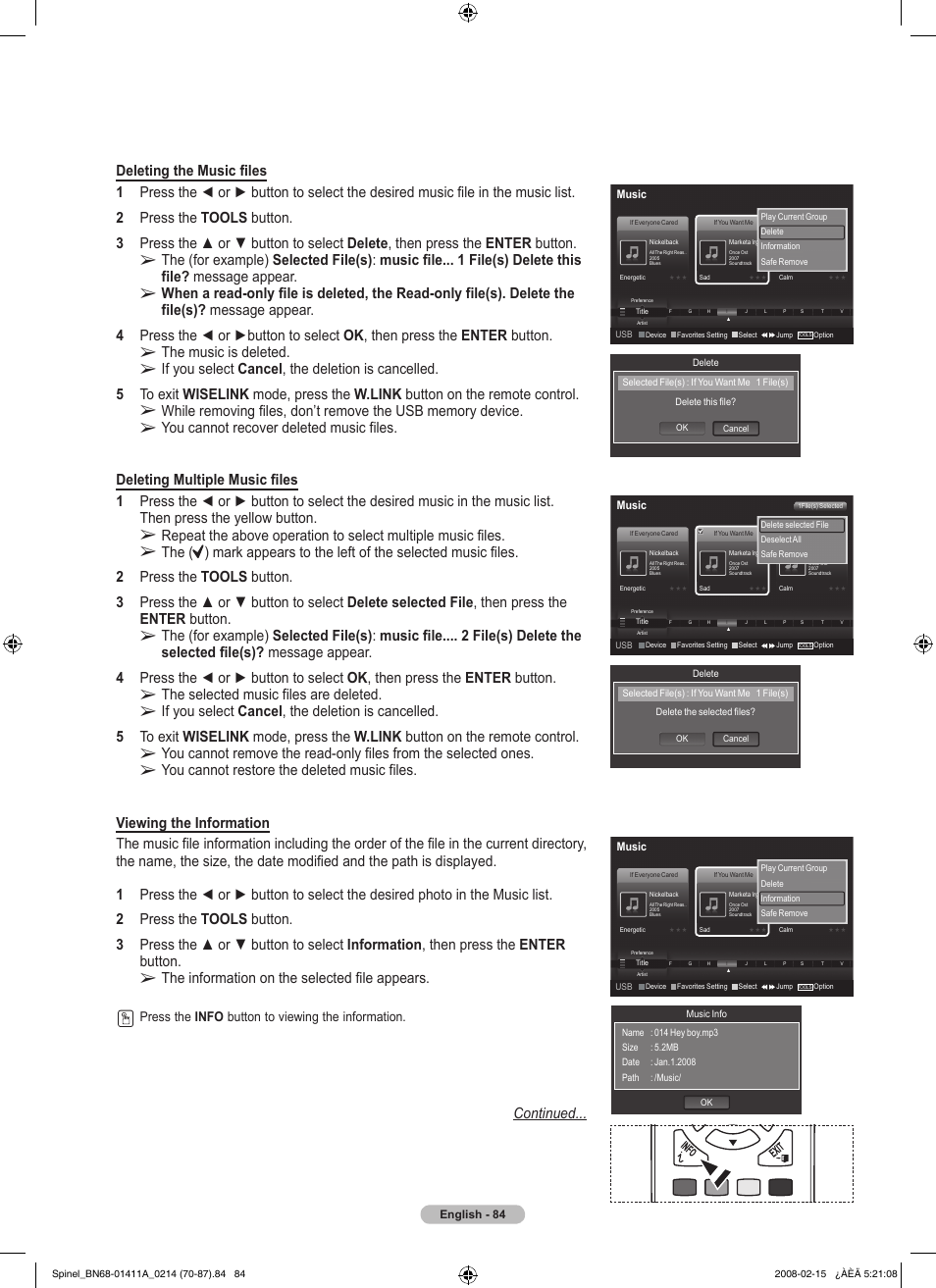 The music is deleted, The selected music files are deleted, The information on the selected file appears | Continued, Press the info button to viewing the information | Samsung PN50A550S1FXZA User Manual | Page 84 / 205