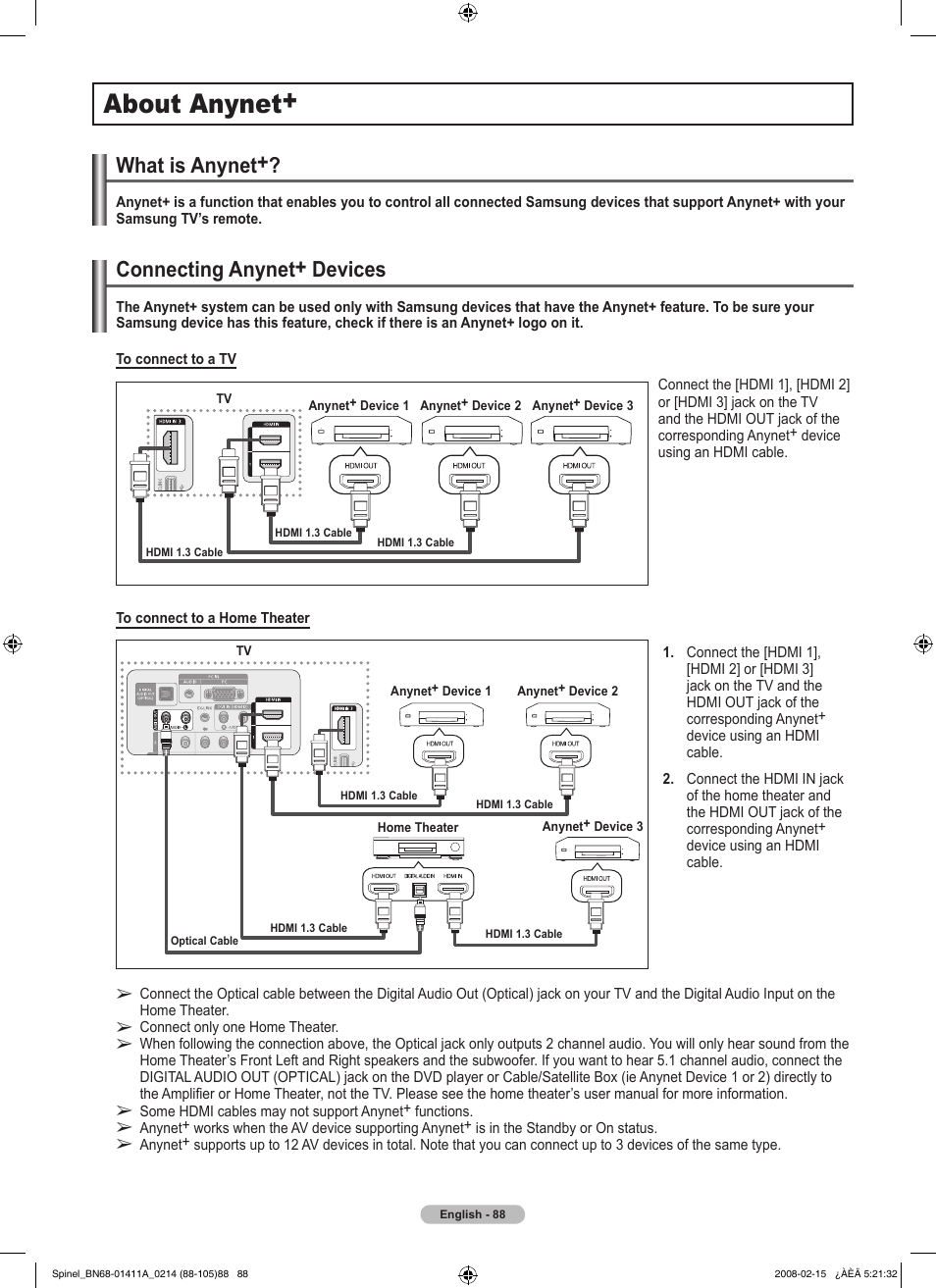 About anynet, What is anynet, Connecting anynet+ devices | Samsung PN50A550S1FXZA User Manual | Page 88 / 205