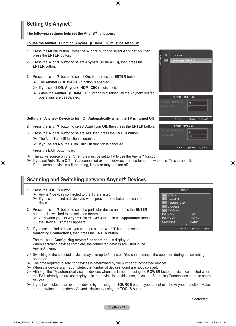 Setting up anynet, Scanning and switching between anynet+ devices | Samsung PN50A550S1FXZA User Manual | Page 89 / 205