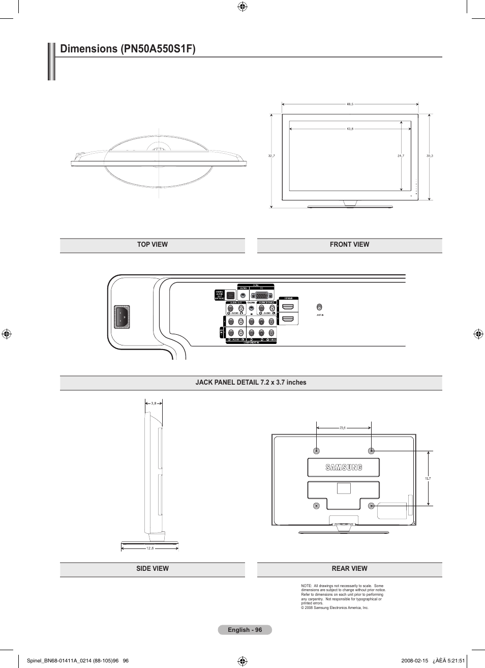 Dimensions (pn50a550s1f) | Samsung PN50A550S1FXZA User Manual | Page 96 / 205
