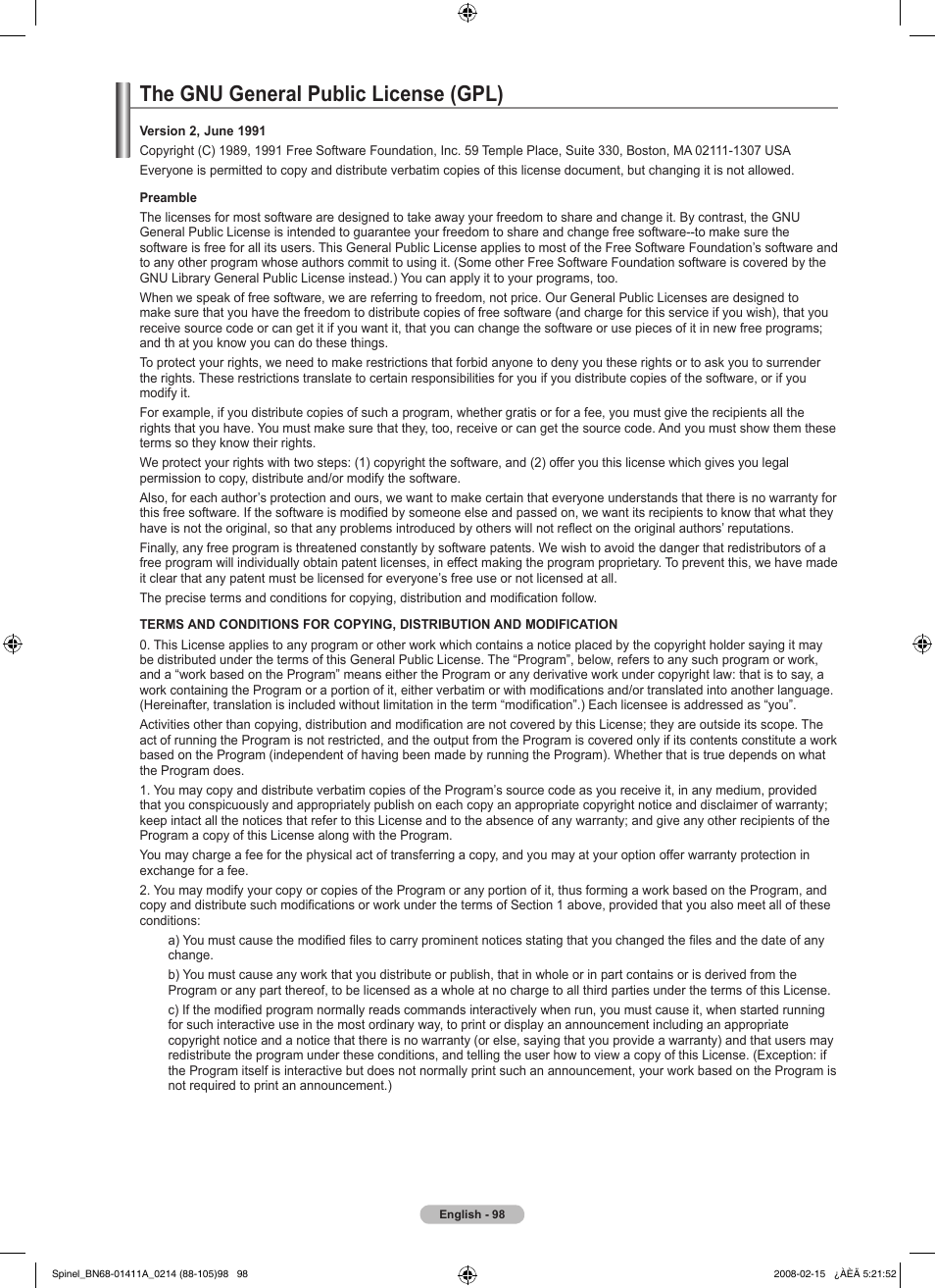 The gnu general public license (gpl) | Samsung PN50A550S1FXZA User Manual | Page 98 / 205