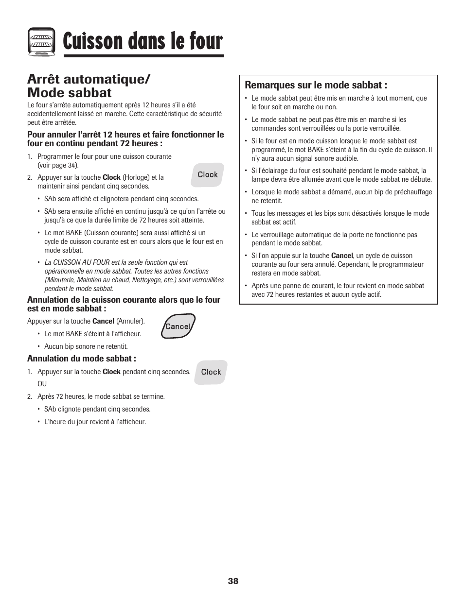 Cuisson dans le four, Arrêt automatique/ mode sabbat, Remarques sur le mode sabbat | Amana 8113P550-60 User Manual | Page 39 / 76