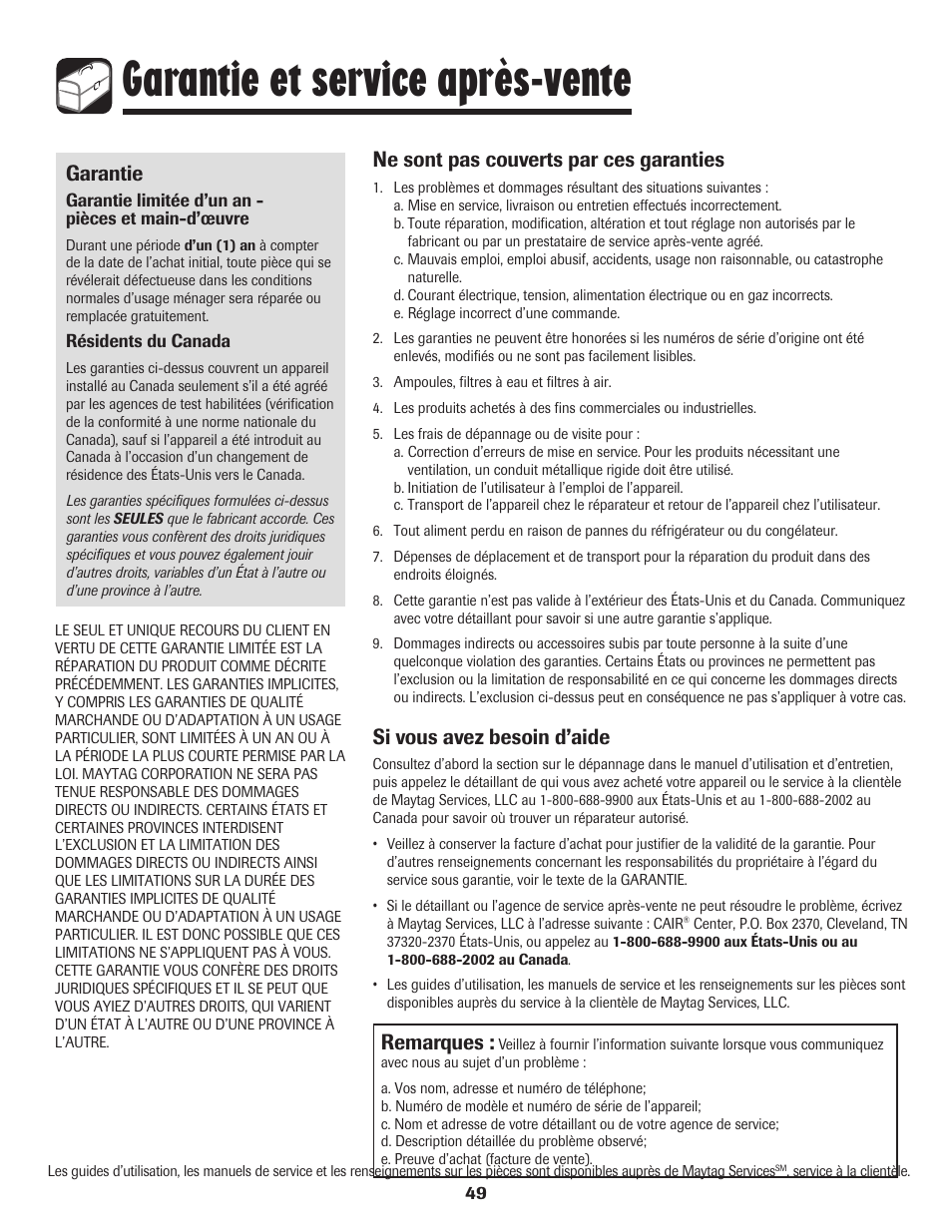 Garantie et service après-vente, Garantie, Ne sont pas couverts par ces garanties | Si vous avez besoin d’aide, Remarques | Amana 8113P550-60 User Manual | Page 50 / 76
