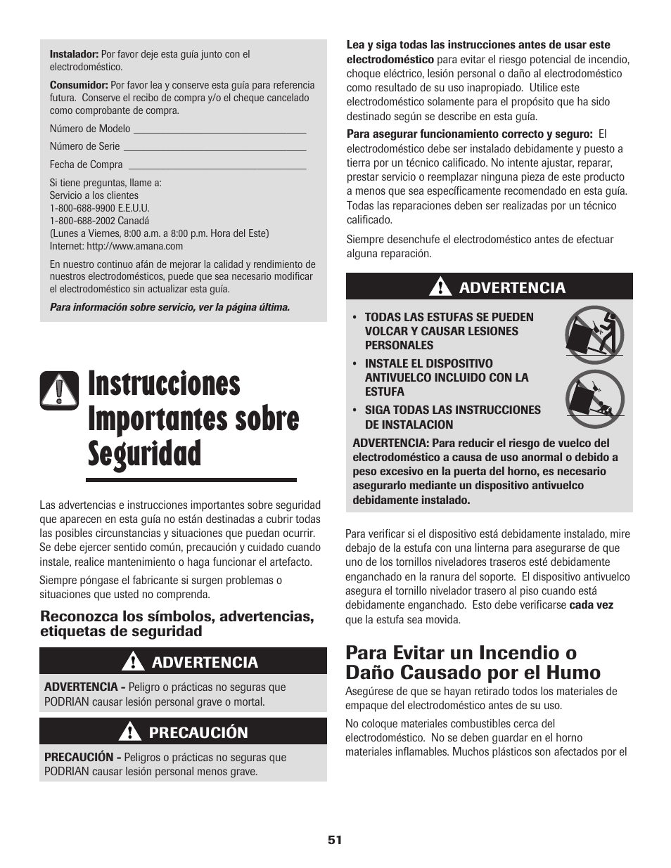 Instrucciones importantes sobre seguridad, Para evitar un incendio o daño causado por el humo | Amana 8113P550-60 User Manual | Page 52 / 76