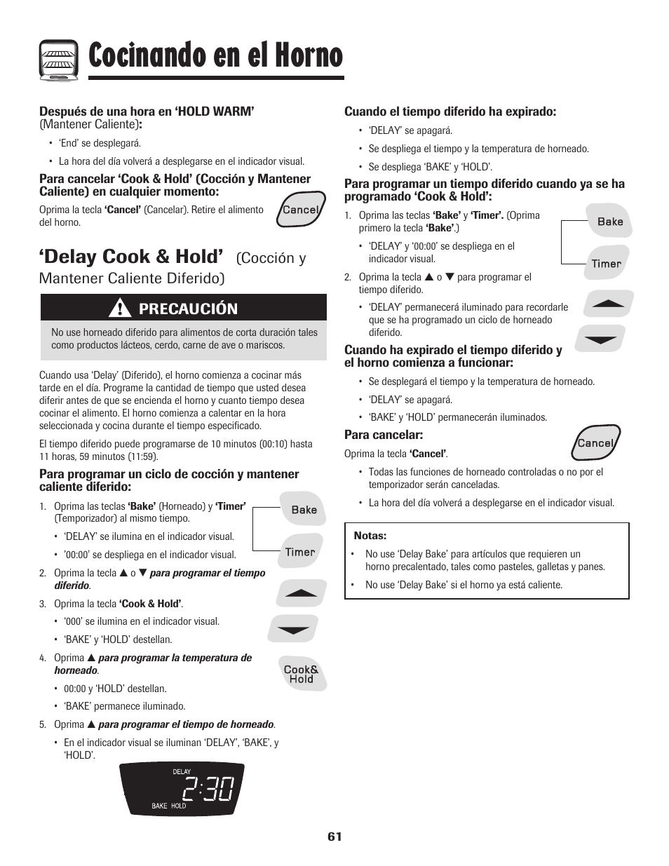 Cocinando en el horno, Delay cook & hold, Cocción y mantener caliente diferido) | Precaución | Amana 8113P550-60 User Manual | Page 62 / 76