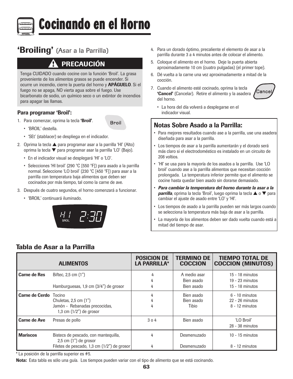 Cocinando en el horno, Broiling, Asar a la parrilla) | Notas sobre asado a la parrilla, Tabla de asar a la parrilla, Precaución | Amana 8113P550-60 User Manual | Page 64 / 76