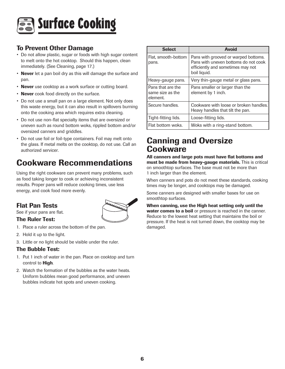 Surface cooking, Canning and oversize cookware, Cookware recommendations | Flat pan tests | Amana 8113P550-60 User Manual | Page 7 / 76