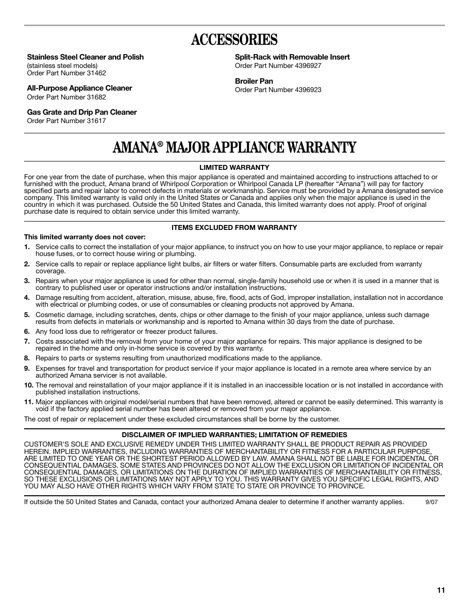 Accessories amana, Major appliance warranty | Amana AGR5844VDW User Manual | Page 11 / 12