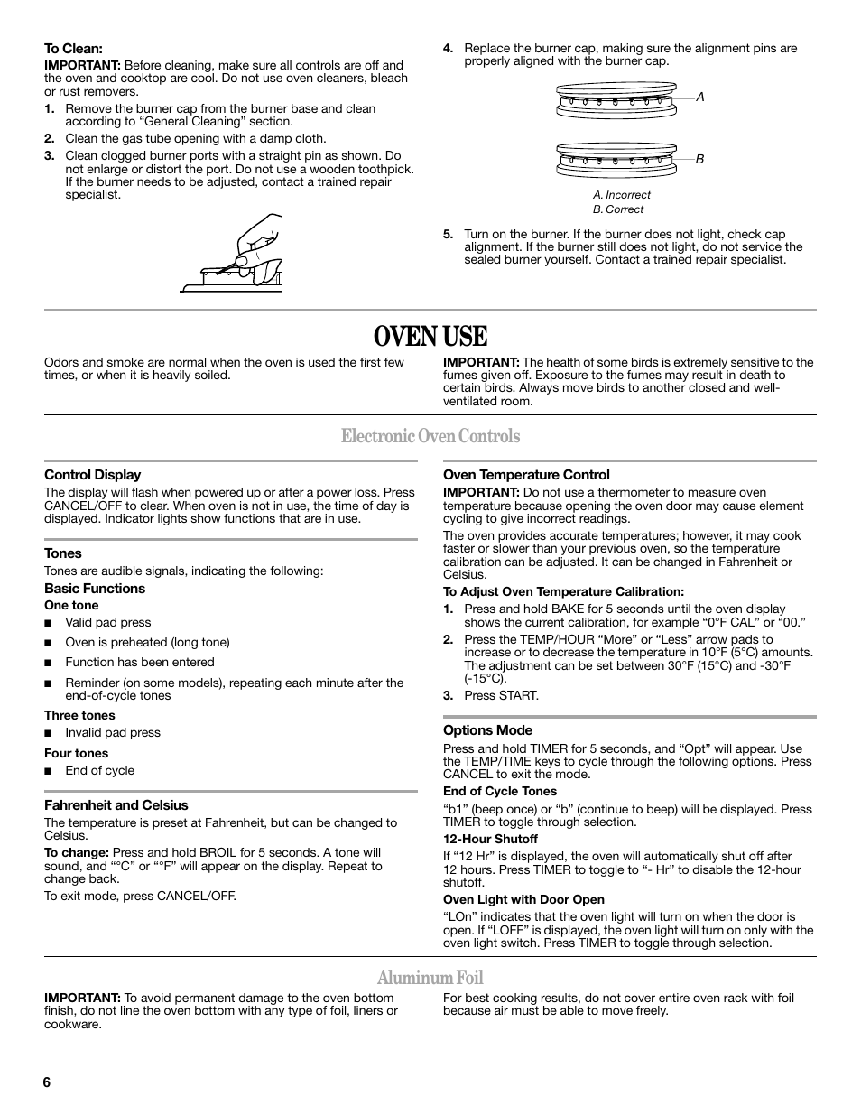 Oven use, Electronic oven controls, Aluminum foil | Amana AGR5844VDW User Manual | Page 6 / 12