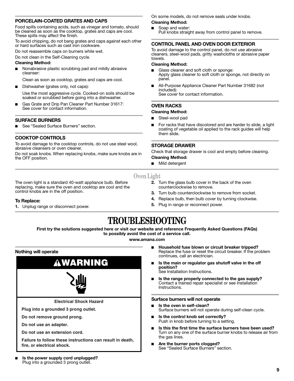 Troubleshooting, Warning, Oven light | Amana AGR5844VDW User Manual | Page 9 / 12