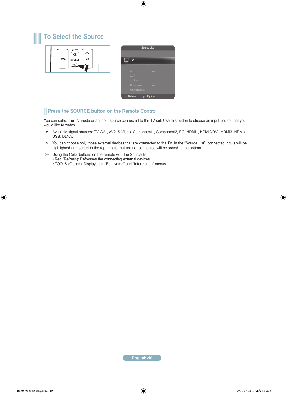 Press the source button on the remote control | Samsung LN46A950D1FXZA User Manual | Page 10 / 12